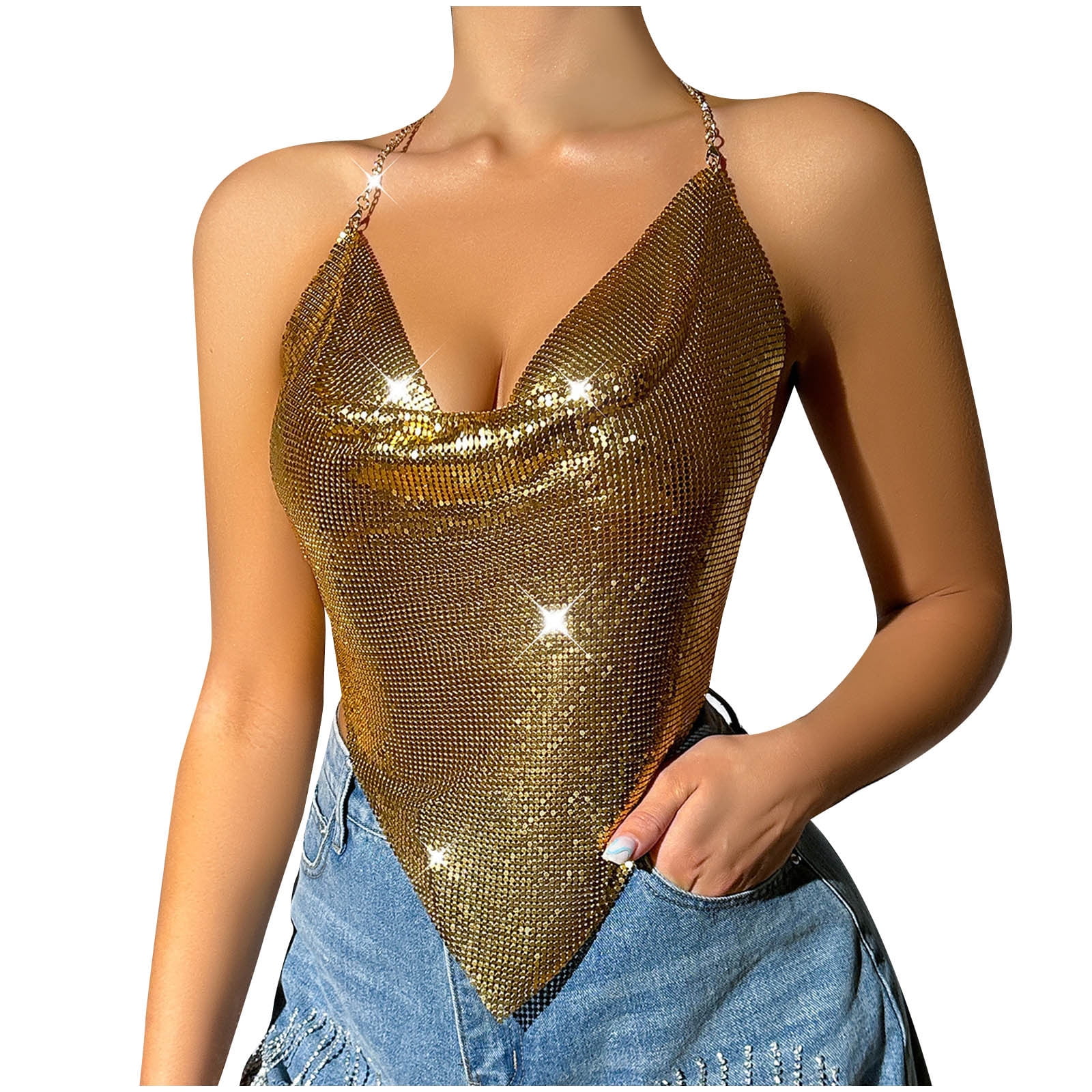 BLVB Sequin Tops for Women Sparkly Deep V Neck Metal Crop