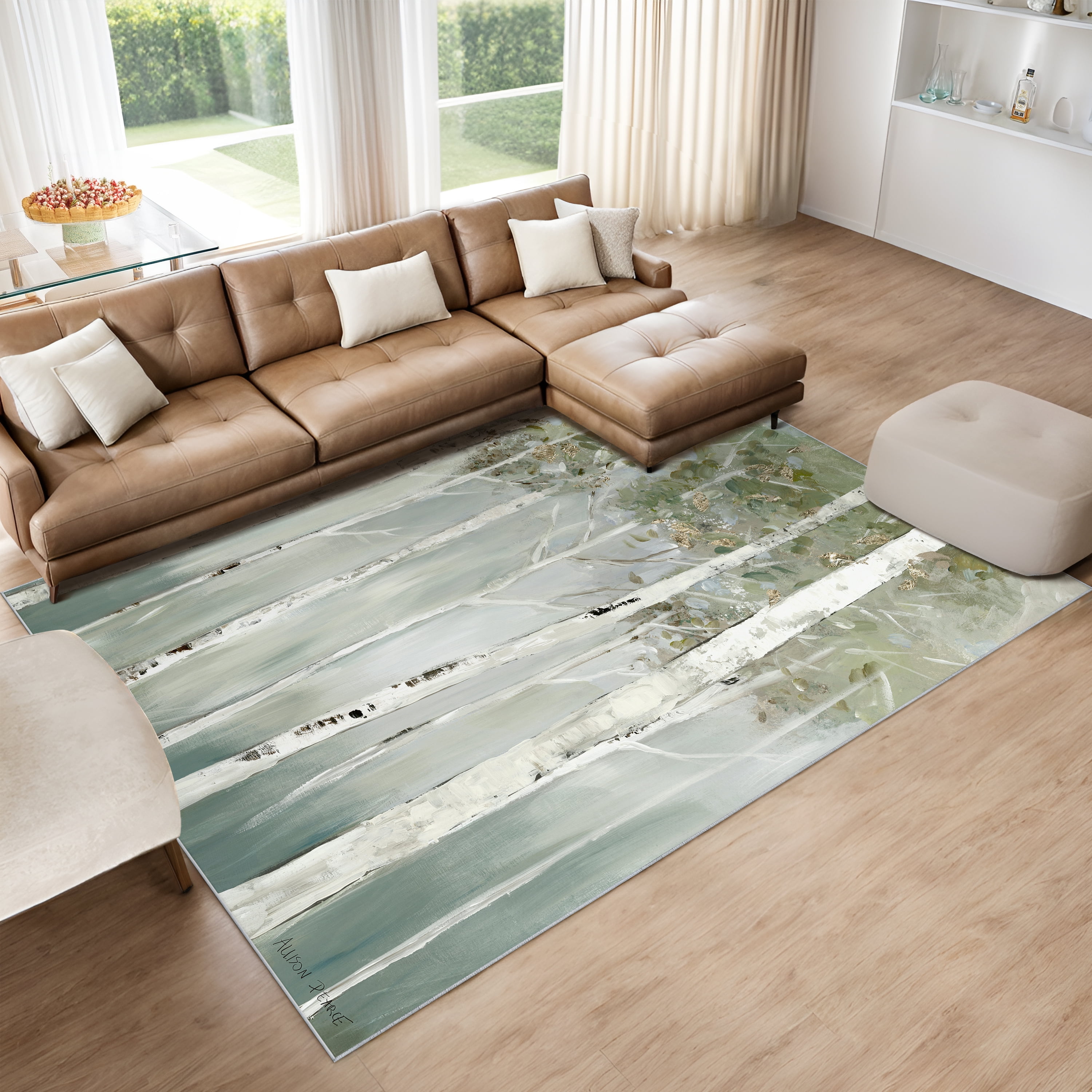 Whispering Green Birch Forest II Washable Art Area Rug size 8'x10', Power-loomed, Heavenly Softness with Non-Slipping Backing