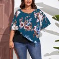 thumbnail image 4 of Estampado Casual Chal Top Cuello Redondo Asimétrico Transpirable Gasa Chal Blusa para Fiesta Compras Viajes Azul 4XL, 4 of 8