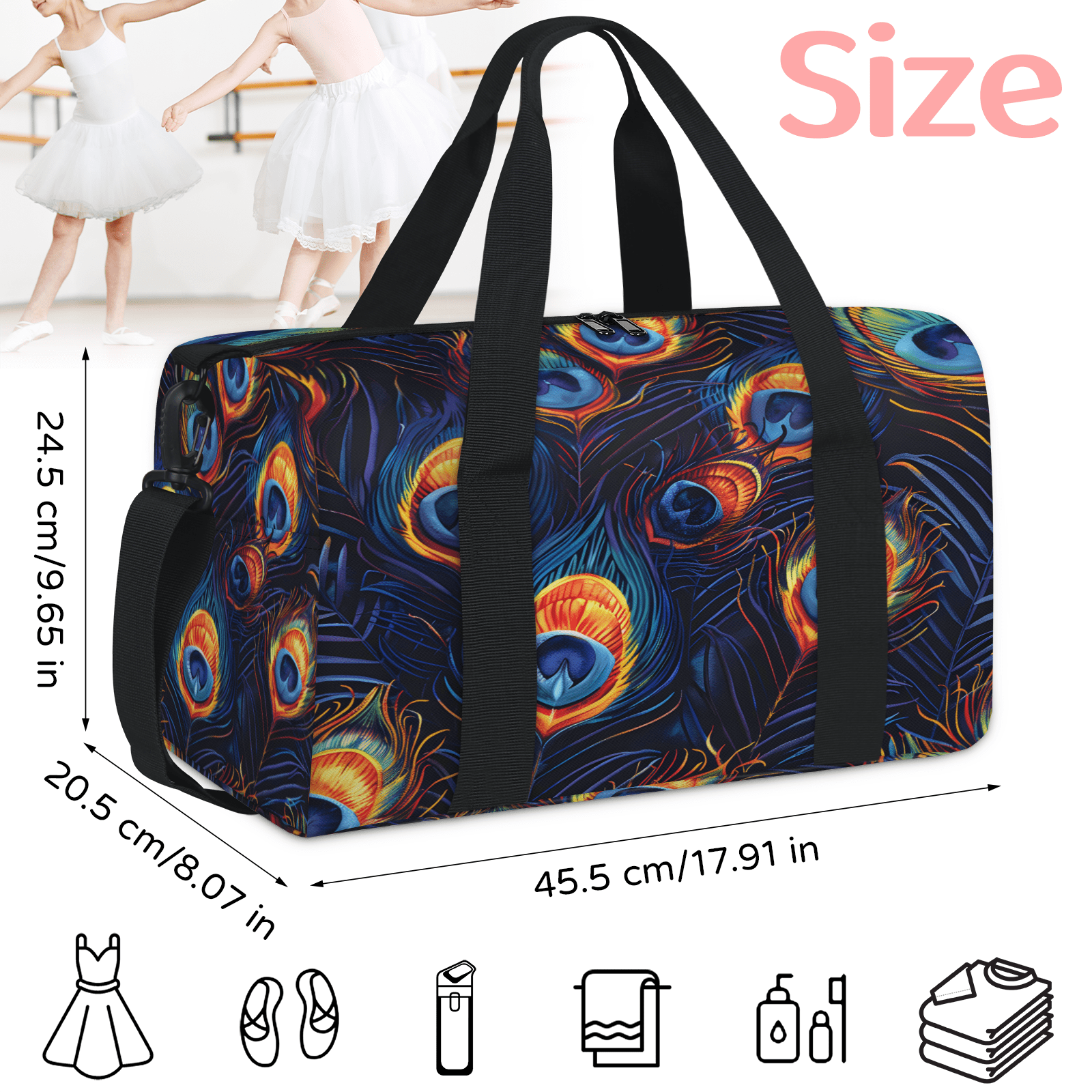 Herdesigns Wild Animal Peacock Feather Gym Bag for Women, Duffle Bag for Travel Sport, Lightweight Waterproof Carry on Weekender Dance Yoga Workout Bags