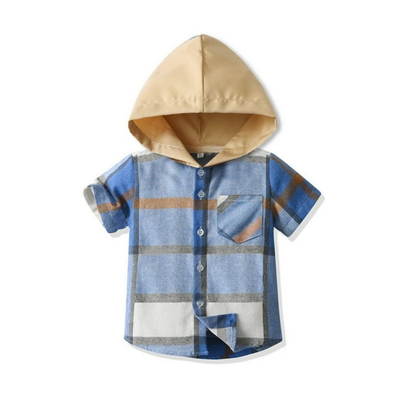 Baby Toddler Boys Hooded Plaid Lapel Button Down Shirts Short Sleeve Lightweight Summer Casual Shirts