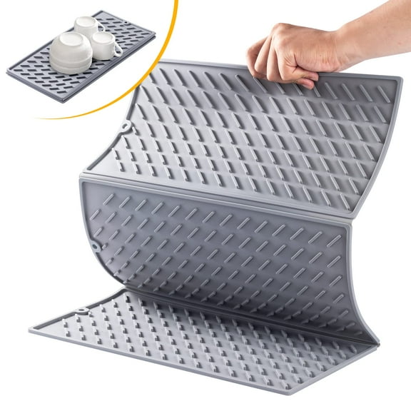 Dish Drying Mat,Silicone Drying Mat for Kitchen Counter,Extra Large Dish Mat,Foldable Design - Heat & Cold - (Grey),24"x16”