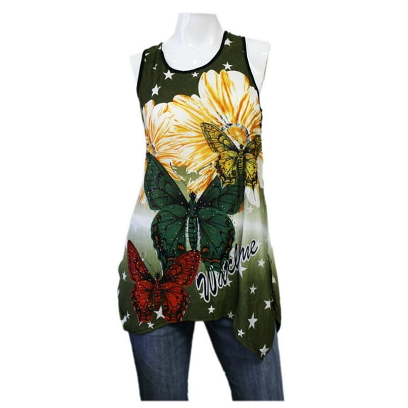 Women's Green Fade Sleeveless Top With Multi-Colored Butterflies Shirt (XL/XXL)