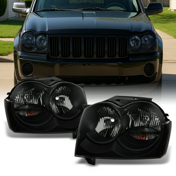 AKKON - For Jeep Grand Cherokee Replacement Headlights Driver/Passenger Black Head Lamps Pair New