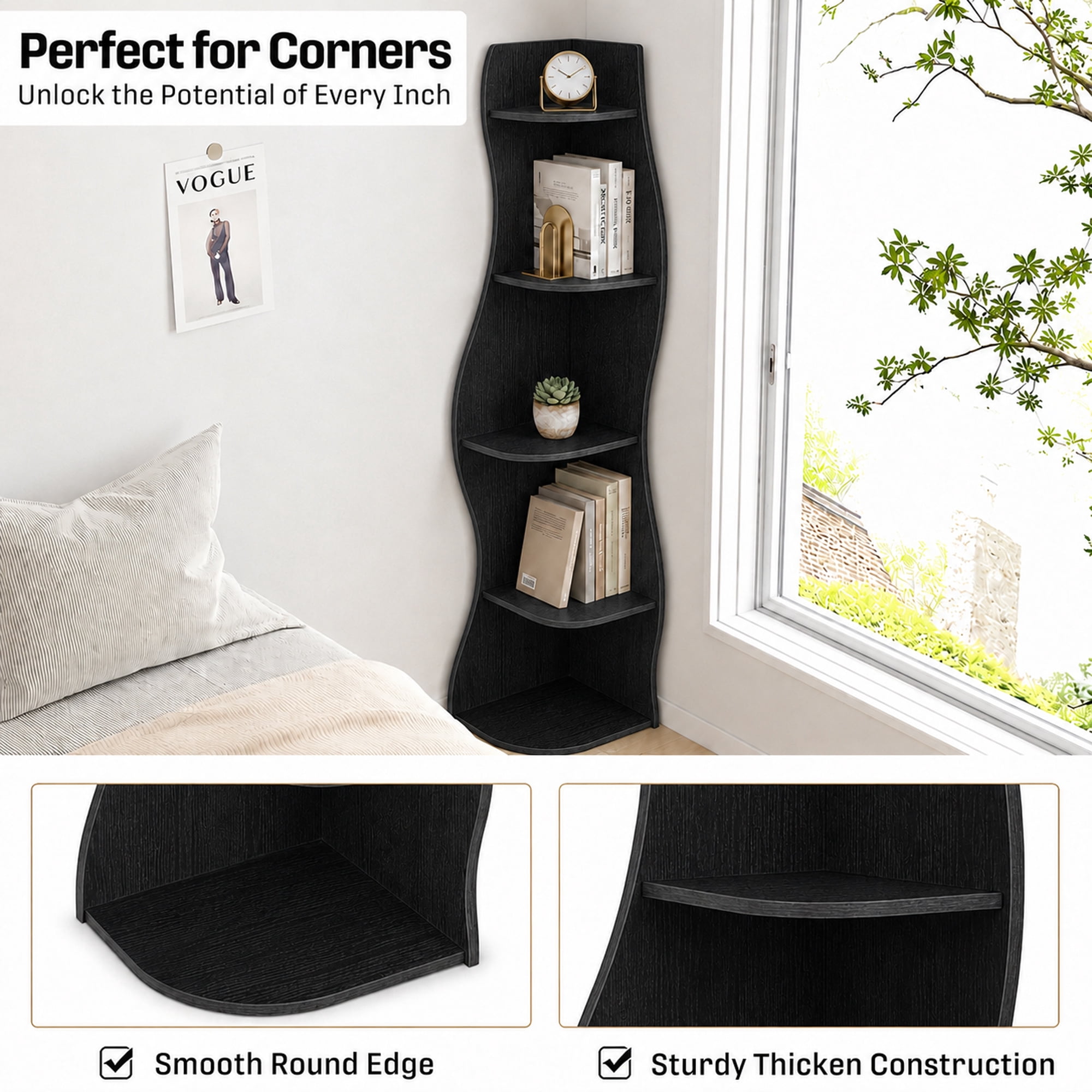 Leumius 5-Tier Bookshelf,Freestanding S-Shaped Corner Shelf Curved Display Rack,Space-Saving Corner Display Bookshelf/Plant Stand for Living Room Home Office,Black
