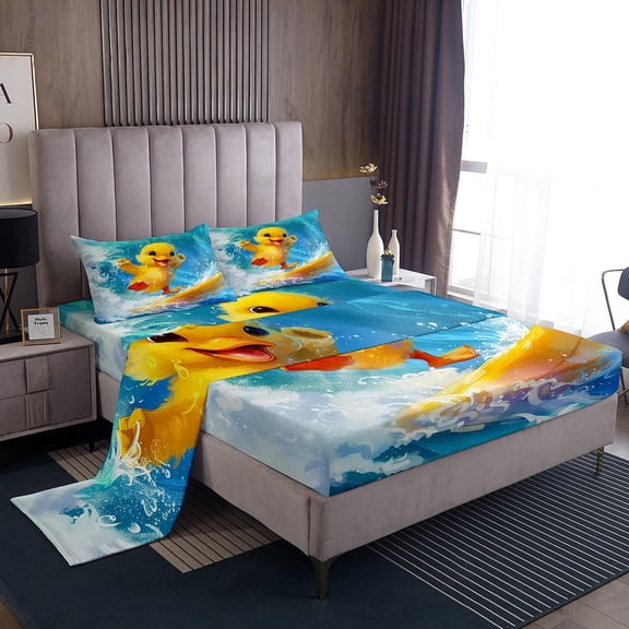 Erosebridal Yellow Duck Sheet Set Twin,Ocean Surfing Bedding Sets Twin Size,Kawaii Cartoon Twin Sheet Sets,Breathable Animal Bedroom Decorative,3pcs