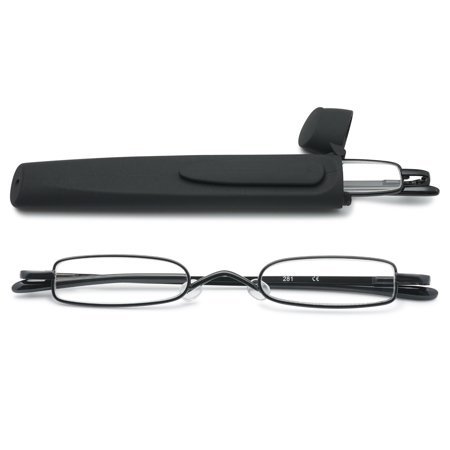 MAGIMODAC Compact Reading Glasses Men Women Portable Mini Metal Mini Eyeglasses Eyewear Pocket Readers With Case (Black with Black Case, +4.0)