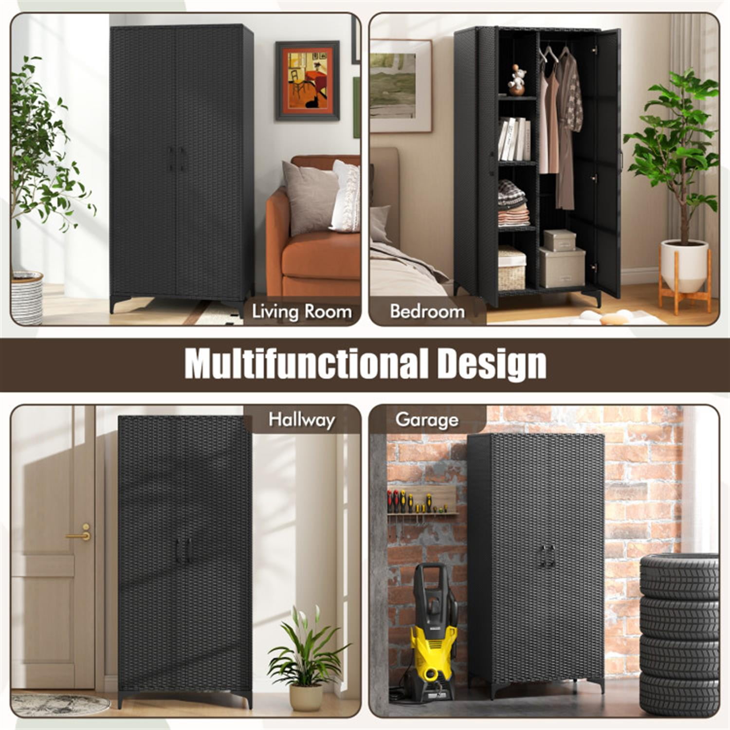Demi Bonn 62" Wicker Wardrobe with 2 Doors, PE Rattan Closet with Hanging Rod, Freestanding Storage Cabinet, Black