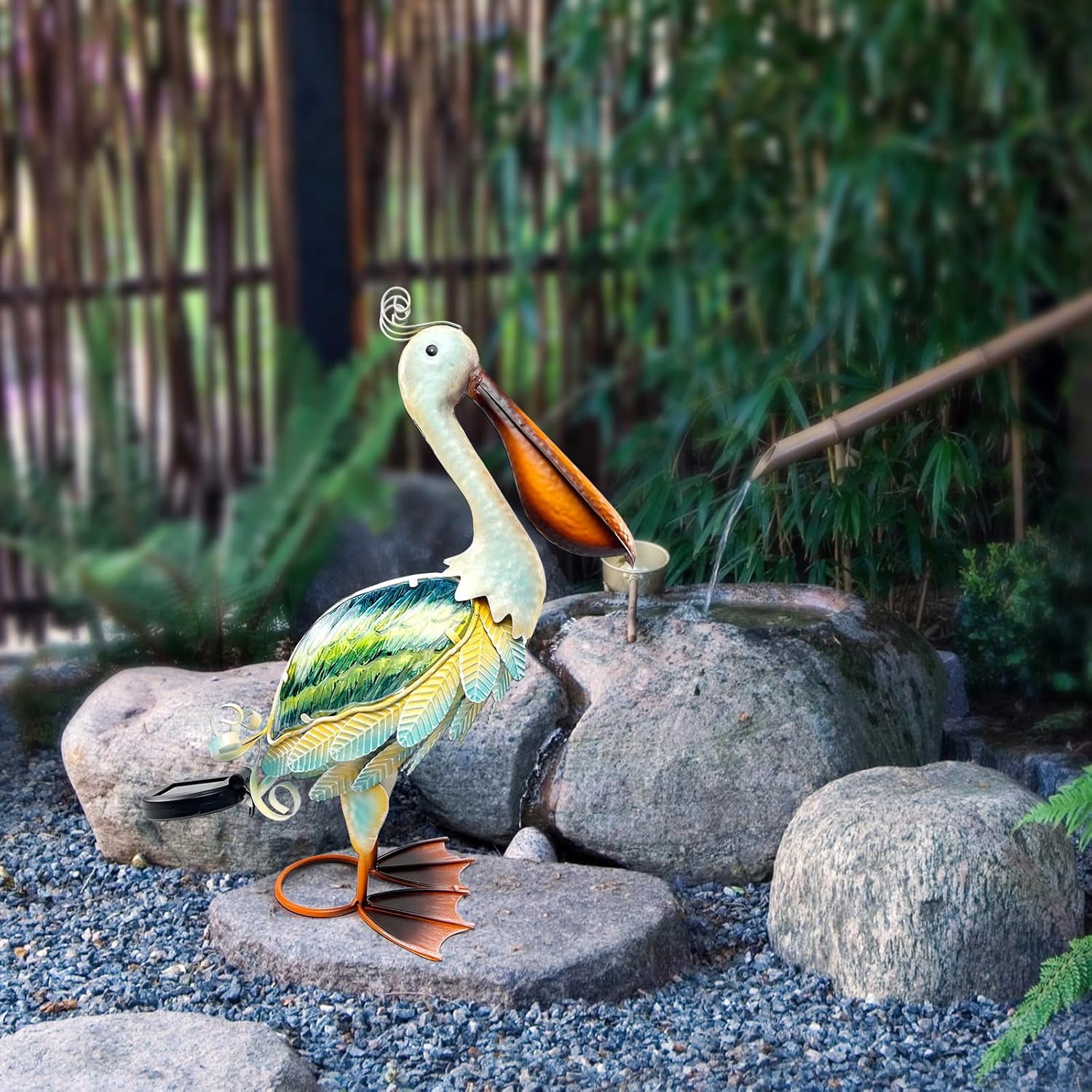 Solar Heron Metal Crane Statue Garden Heron Sculpture, Glass Outdoor Crane Yard Art Coastal Ocean Bird Decor 24 Inch Lawn Ornament for Backyard Porch Patio Decor