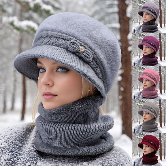 Only Moment Blue Winter Beanie Daily Hat acrylic Warm Winter Cuffed Hat for Cold Weather Outdoor Wear Plush Hat Scarf Two Piece Set One Size