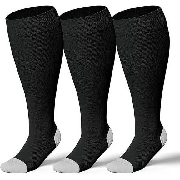 3 Pairs Wide Calf Compression Socks for Women & Men Extra Large Size Support Socks for Nurses Running Pregnant Travel,20-30 mmHg,XXL