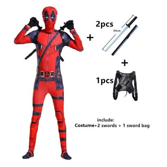 Deadpool Costume Jumpsuit + Dual Swords w/Harness Holder for Halloween Cosplay