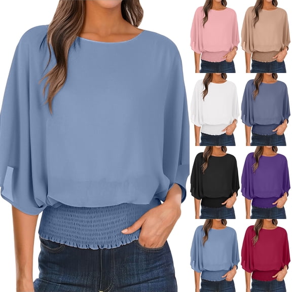 Endives Women's Chiffon Shirt Blouses Casual Boat Neck Chiffon Blouses Batwing Tops Tunic Top Spring Outfit Pink