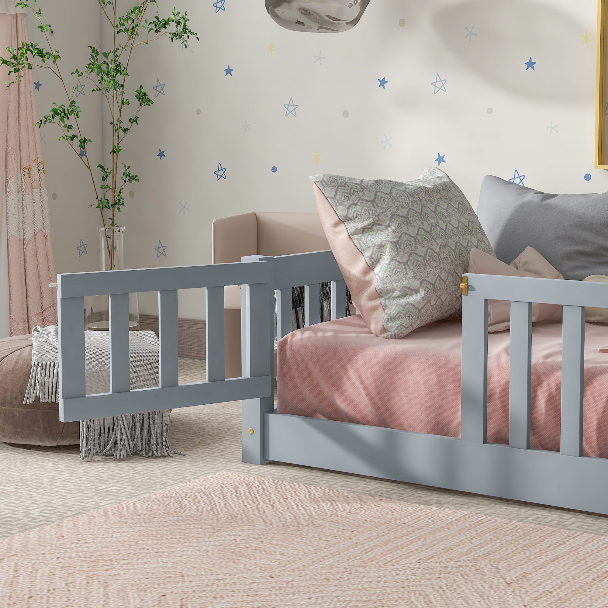 Sesslife Twin Size Floor Bed with Door and Fence, Wood Floor Platform Bed with Slats, Montessori Bed for Boys Girls, No Box Spring Needed, Grey