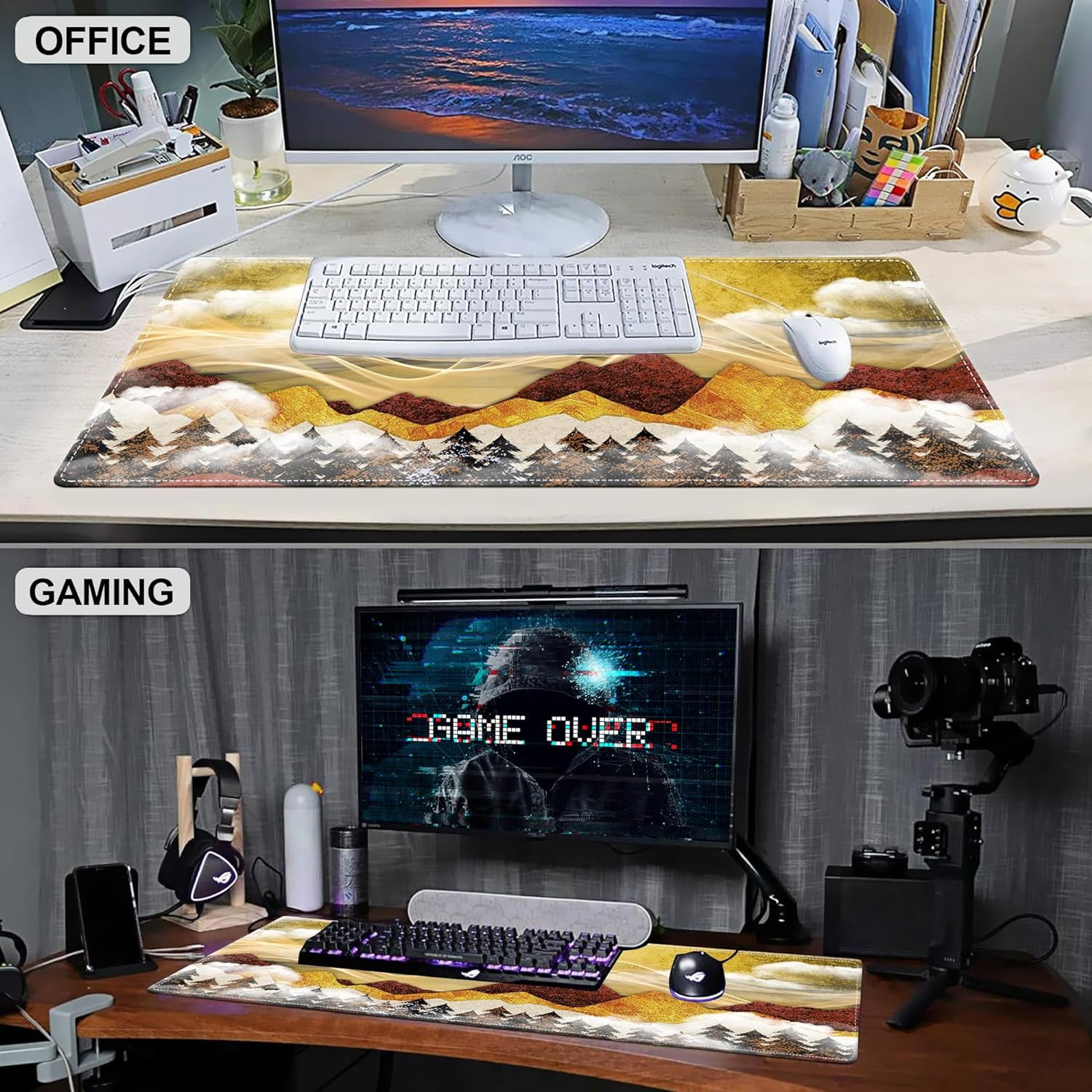 Mouse Pad, Groovy Forest Large Gaming Mouse Pad for Desk, Golden Sun Mountain Big Desk Mat with Seamed Edges, Waterproof Desk Pad, Non-Slip Rubber Base, Long Computer Mousepad, 31.5 x 15.7 Inch