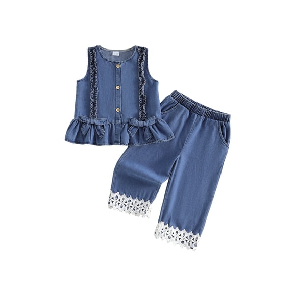 BemeyourBBs 2Pcs Kids Toddler Baby Girl Denim Outfits Summer Clothes Sleeveless Bow Decor Ruffle Denim Tank Tops Lace Trim Wide Legs Jeans Pants Set