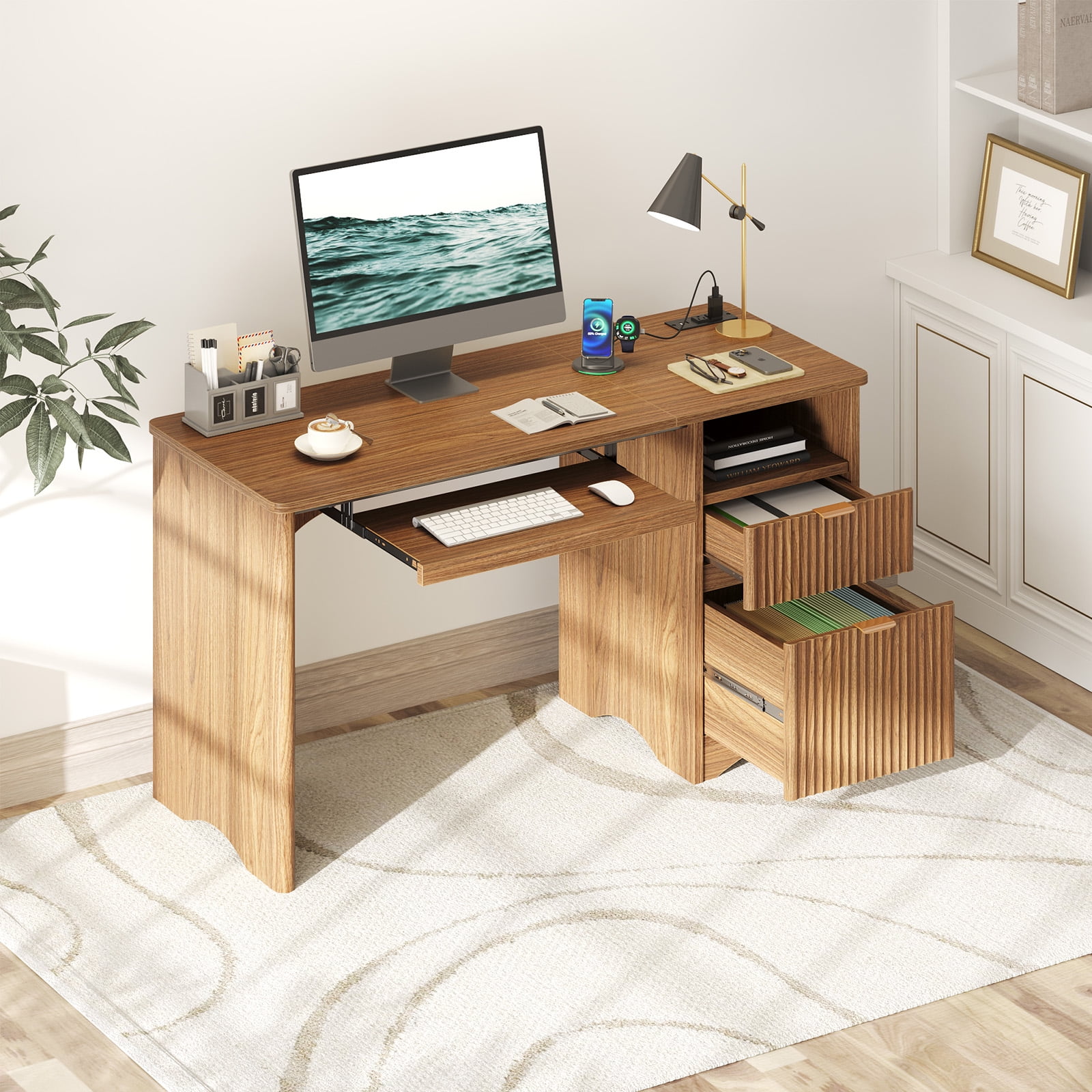 Bestier 55" Computer Writing PC Desk Home Office with Power Outlets Keyboard Tray and Storage Drawers, Brown