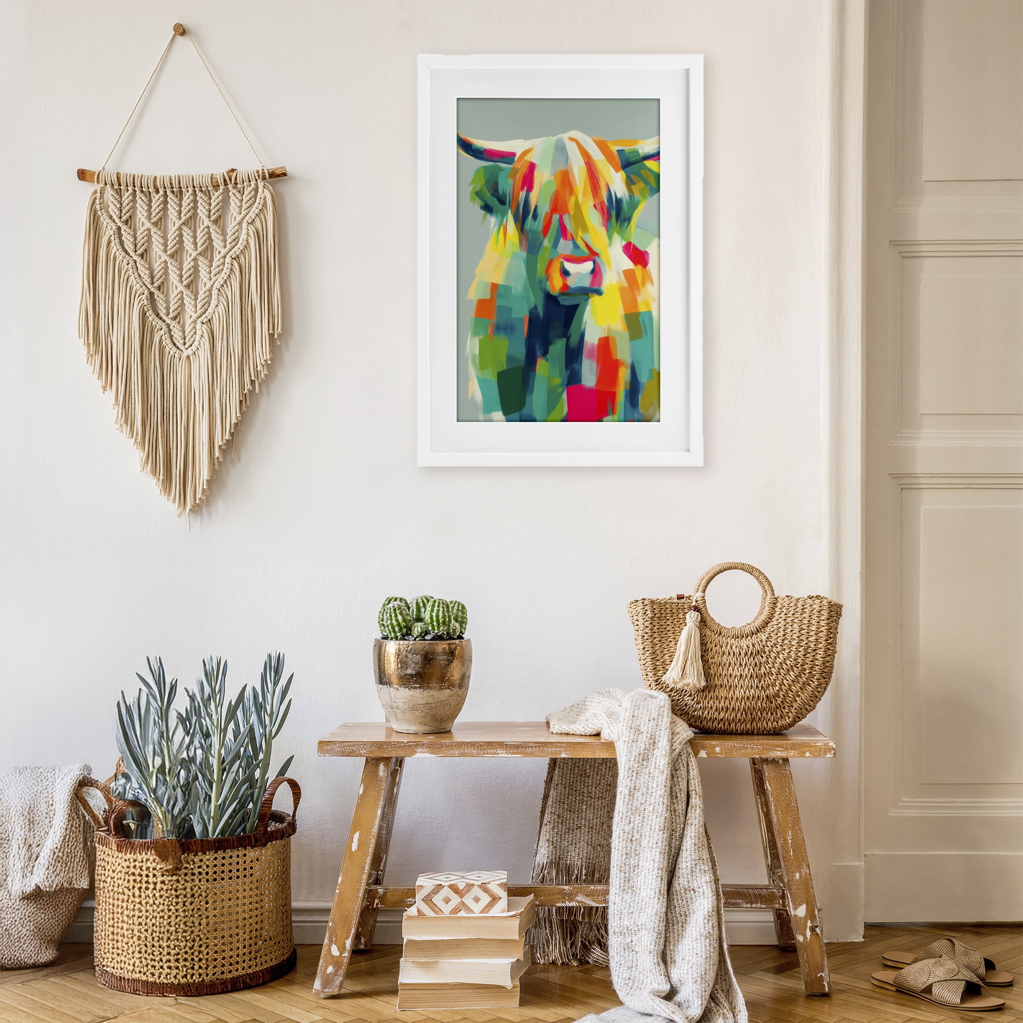 Stupell Industries Highland Cow Abstract Patchwork White Framed Print Under Glass, design by Chromatic Storm Studio
