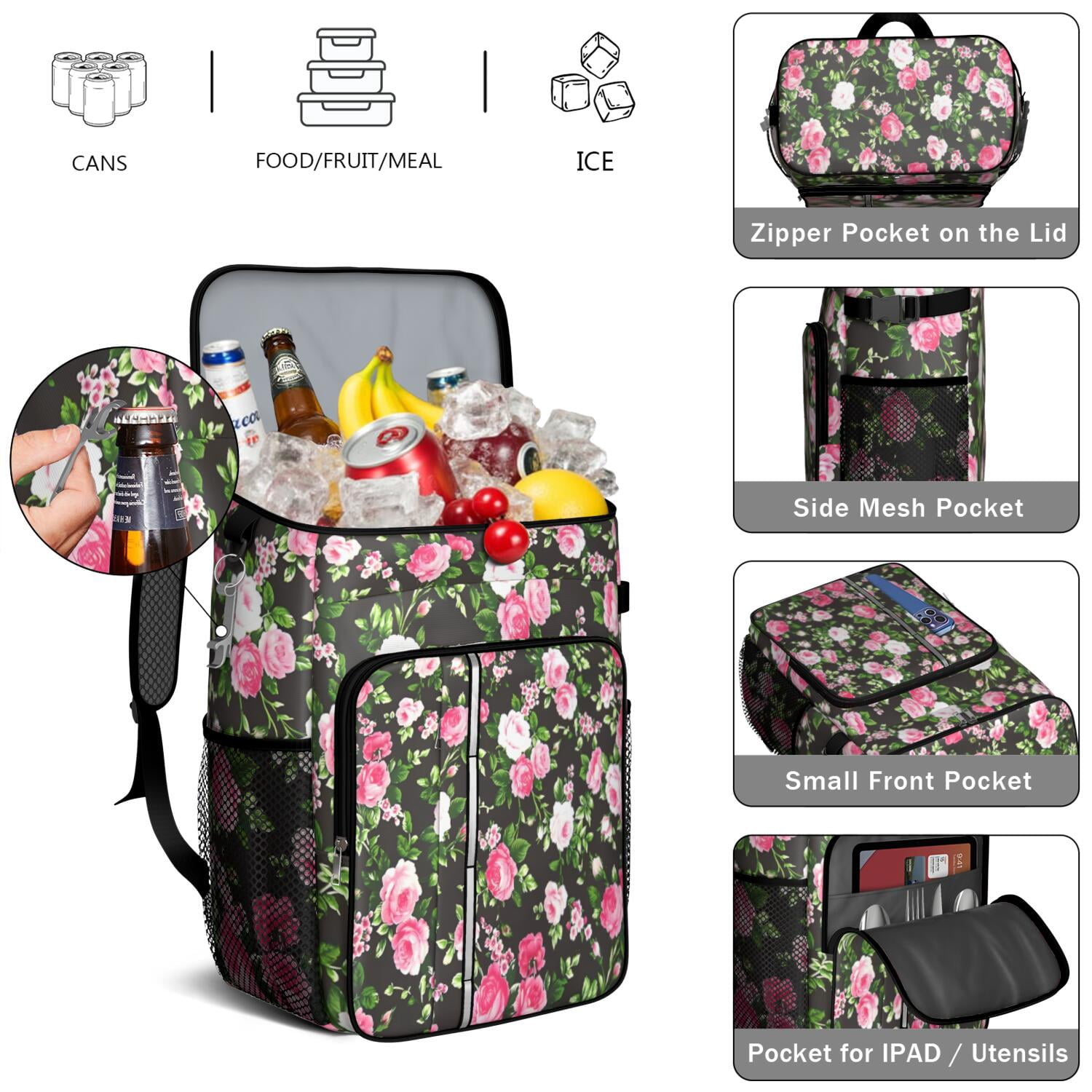 Travel Cooler Bag - Pioneer Flower Floral Print Pattern Camping Beer Cooler Backpack with Bottle Opener- Waterproof Insulated Picnic Backpacks - Cooler Bag for Beach