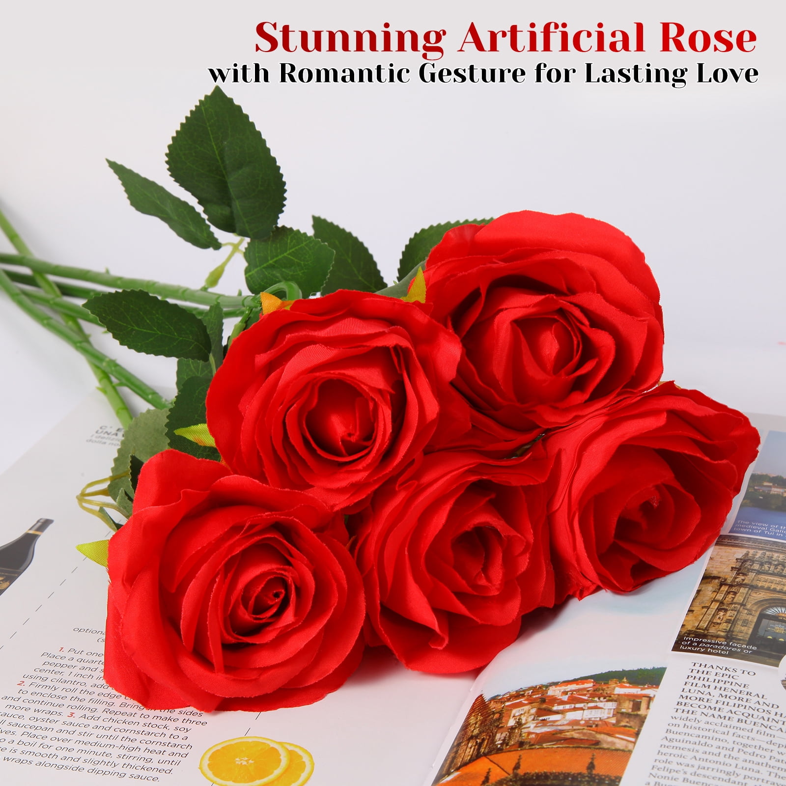 DUOTAN 20 PCs Red Roses Artificial Silk Flowers, 4’’Big Flower Head Artificial Roses with Long Stems, Realistic Fake Roses Bulk for Home Wedding Bouquet Arrangements Party Decoration