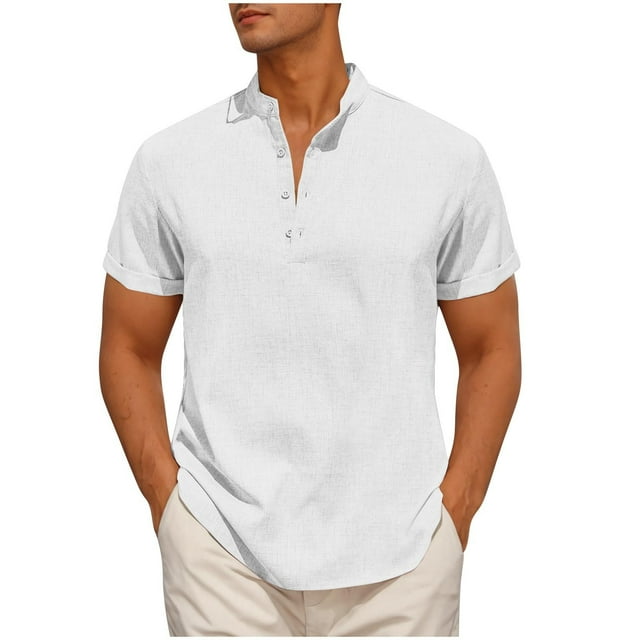 White Man Lounge Button Tshirts Short Sleeve Tops Tee for Mens Collared Neck Faux Linen Loose Fit Basic Summer Fall Shirts 2025 Soft Comfy Clothing Fashion XL