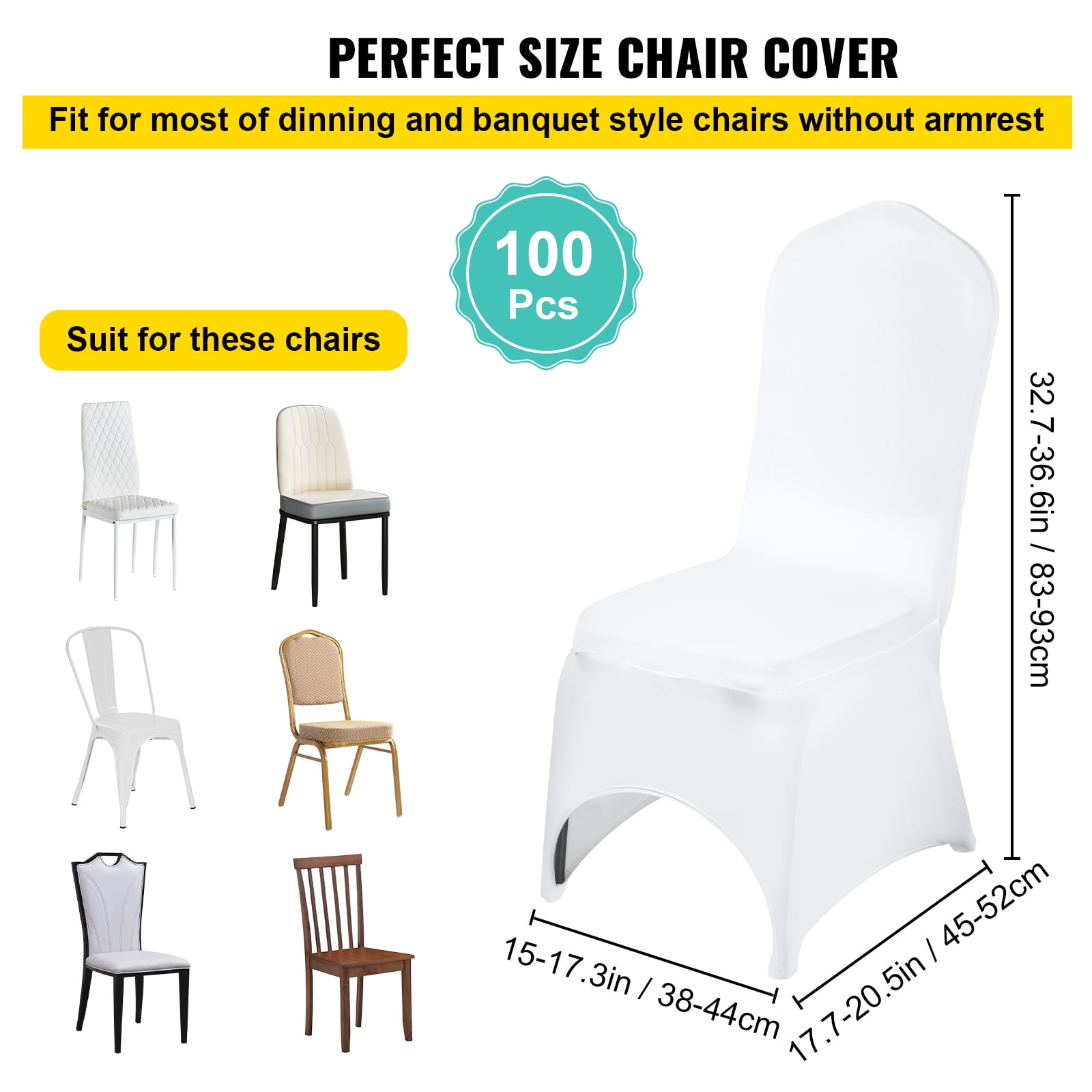 VEVORbrand 100 PCS White Chair Covers Spandex Chair Covers for Arched Front Universial Stretch Chair Covers for Wedding Banquet Party Event