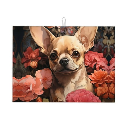 

Dish Drying Mat Vintage Red Flower Chihuahua Highly Absorbent Microfiber Drying Mat Kitchen Counter or Sink Drawer Liner 18x24 Kitchen Drying Mat Coffee Mat Kitchen Essentials