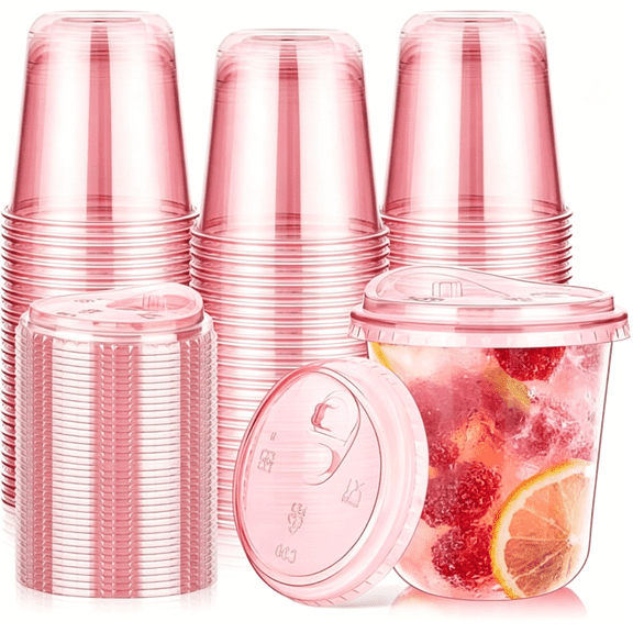 ACDANC 50 Pack 12 Oz Pink Plastic Party Cups with Sip Lids,Disposable Iced Coffee Cup with Lid,Round Bottom Stemless Glasses Drinking Cups for Valentine'S Galentine'S Bachelorette Party Holiday