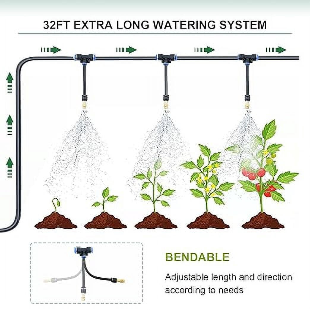 32FT Watering System for Greenhouse, Automatic Irrigation Kit Hose Adjustable and Bendable Nozzel for Outdoor Plants Flowers and Vegetables