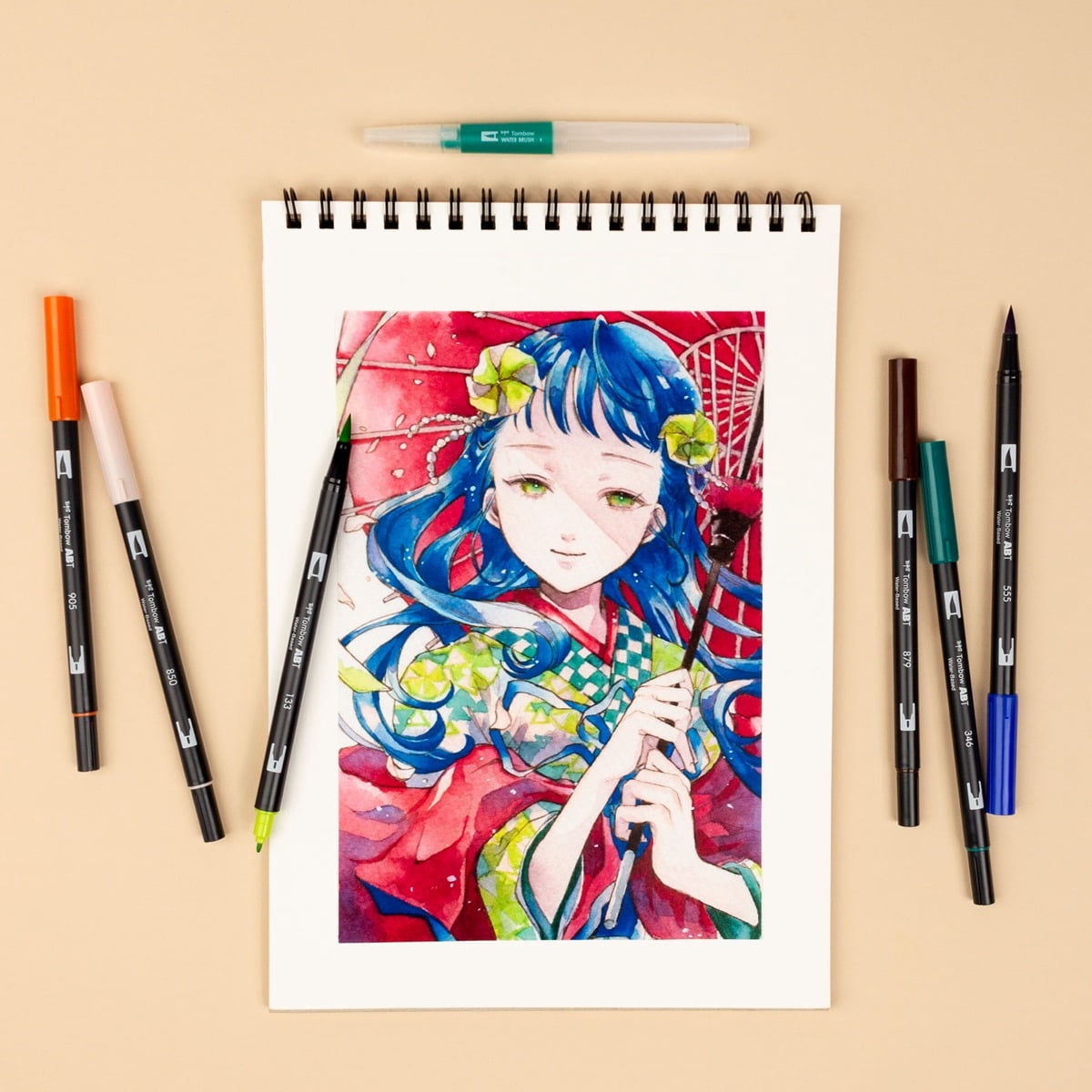 Tombow Dual Brush Pens Set - Manga Collection - 12 Colors - Moon, Wind - Includes Limited Edition Coloring Sheets and Water Brush - Art Marker