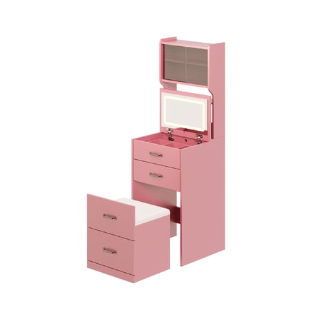 BouPower Compact 3-In-1 Multifunctional Vanity Nightstand with 3 Color LED Mirror, Storage Cabinet Jewelry Box & Hidden Cushioned Chair for Bedroom