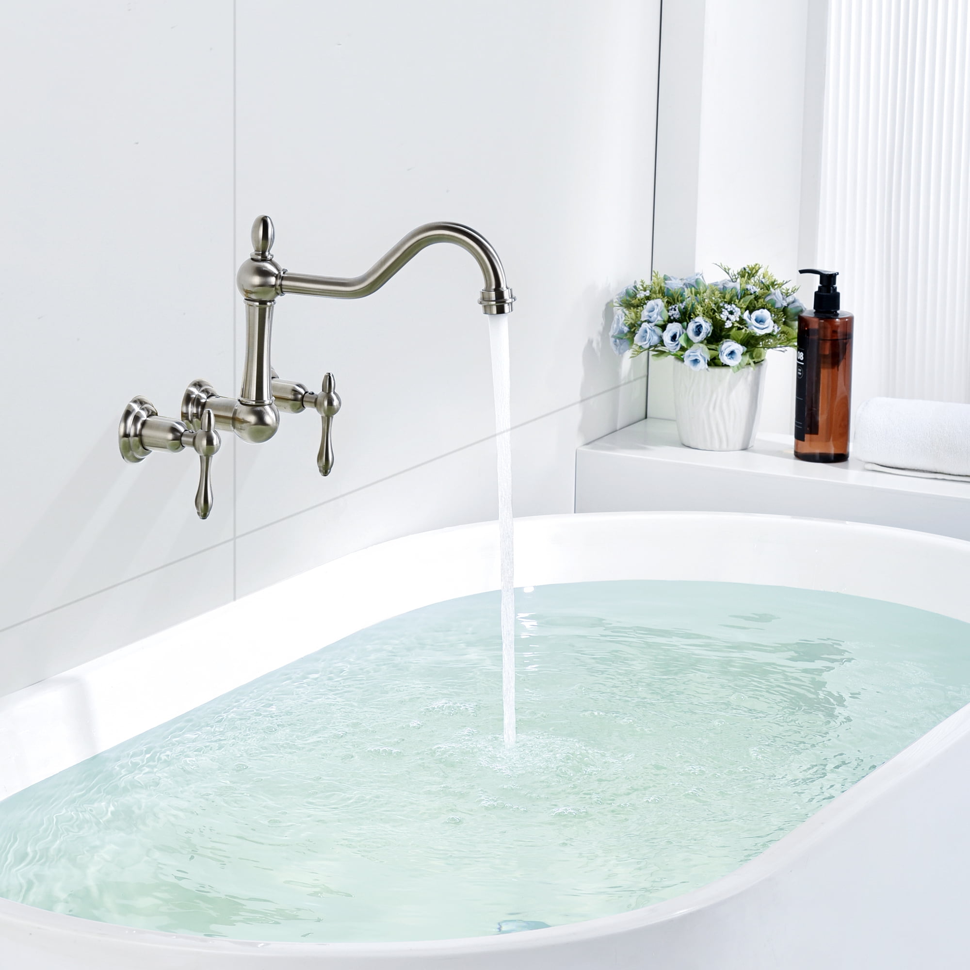 sumerain Wall Mount Bathtub Faucet Brushed Nickel Tub Filler, 8 Inches Center