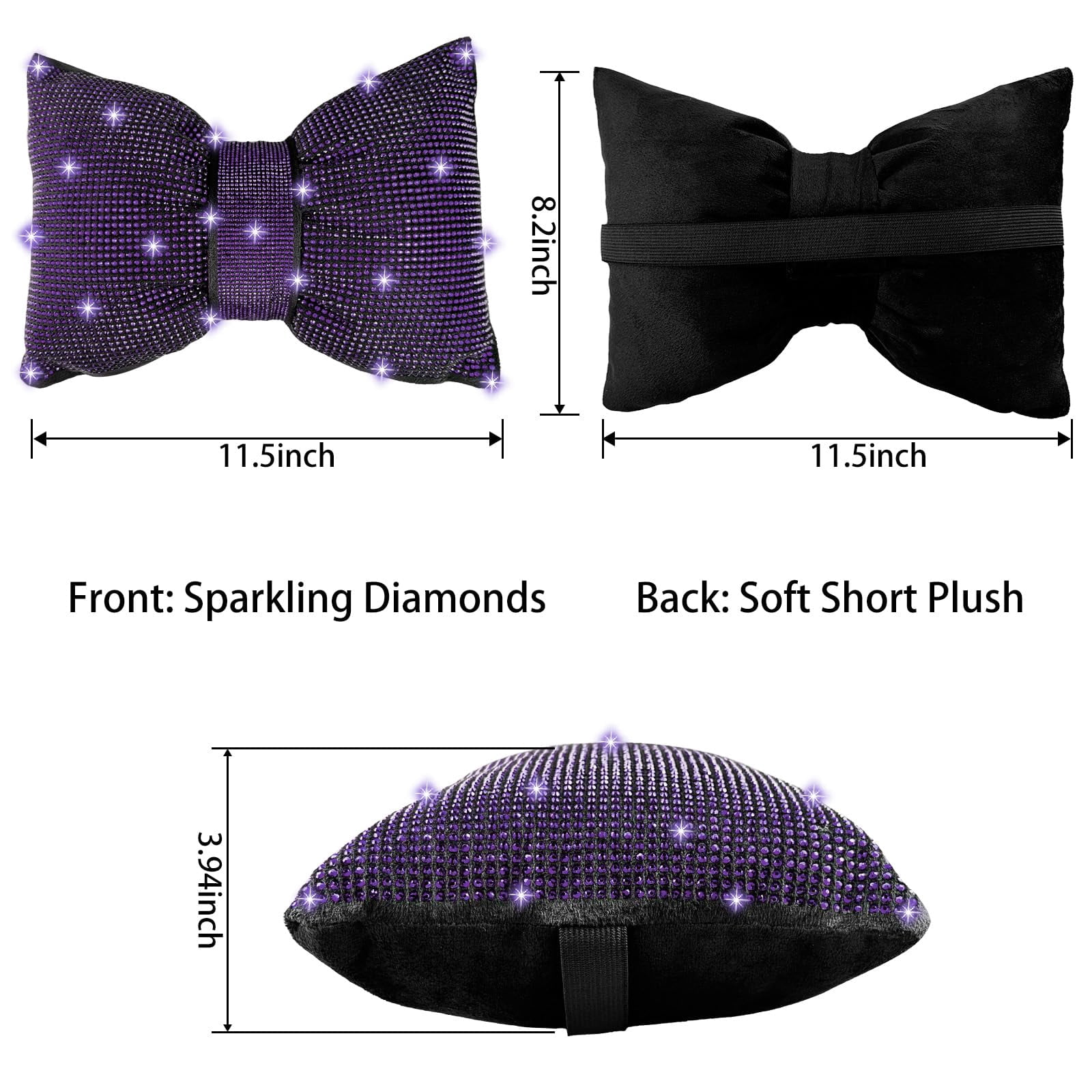 Chasenew 2 PCS Bling Bowknot Car Headrest Pillow, Rhinestone Car Neck Pillows for Driving, Bling Interior Accessories for Women Comfortable Neck Support Pillow(Purple)