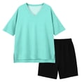 thumbnail image 4 of Girls 2pc Outfits Summer Short Sleeve V Neck Drop Shoulder T-Shirts Basic Leggings Shorts Sets Mint Green 6-7 Years, 4 of 7