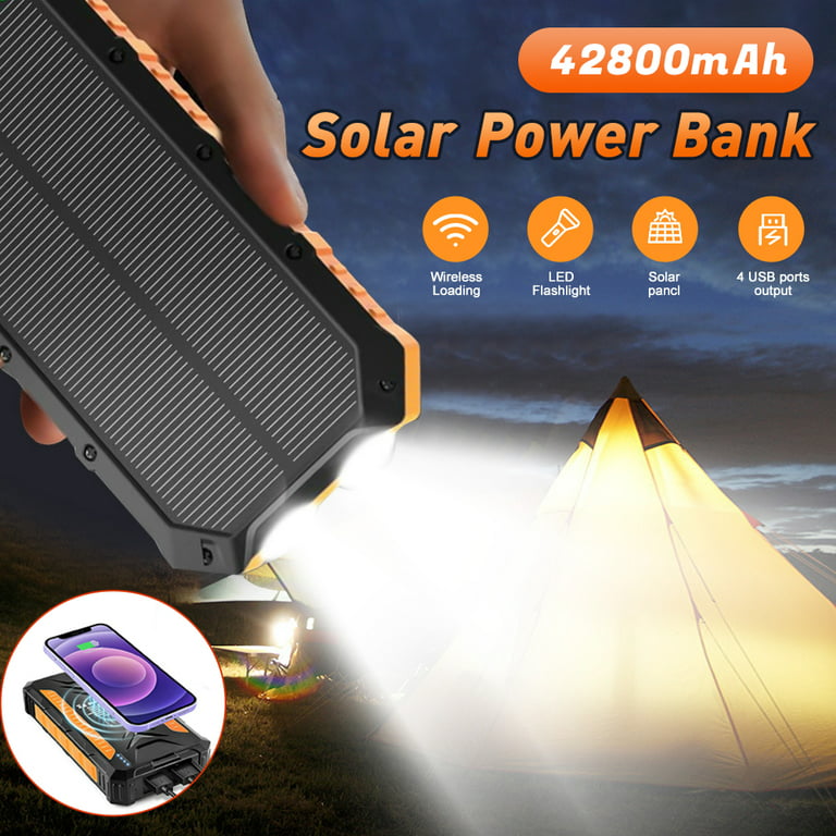 42800mAh Solar Power Bank, Portable Charger 15W Fast Charging, Battery Pack  with IP64 Waterproof Bright Flashlight for iPhone Android Cell Phones 