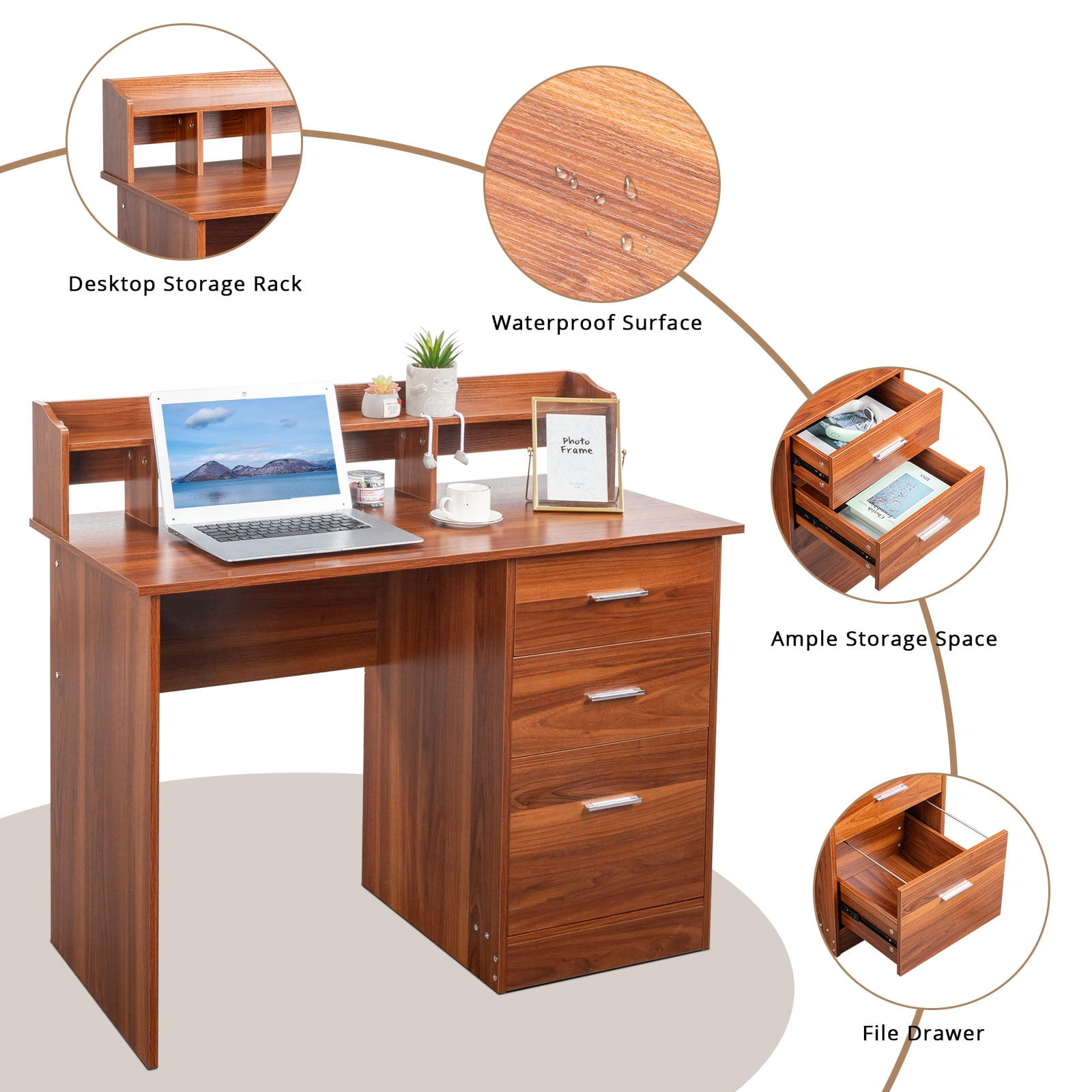 Ktaxon Wood Computer Desk Office Laptop PC Work Table, Writing Desk with 3 Drawers File Cabinet for Letter Size,Wulnut