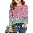 thumbnail image 2 of Girls Tshirts Spring Summer Long Sleeve Gradient Sequin Printed Round Neck Flash Shirt Girls Tops Mint Green 4-5Years, 2 of 4