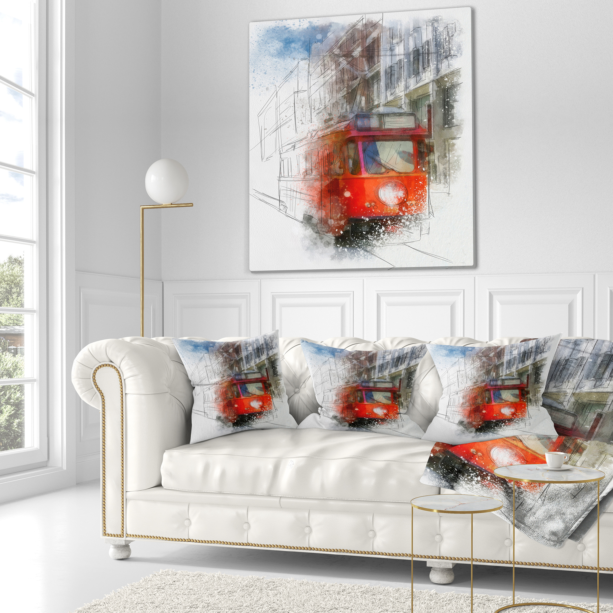 Designart Red Trolley Car Watercolor Sketch - Cityscape Throw Pillow - 16x16