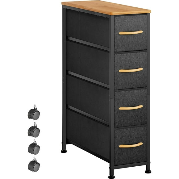 Narrow Dresser Storage Tower with 4 Drawers, Slim Dresser Chest of Drawers with Steel Frame, Wood Top, Dresser for Bedroom, Bathroom, Small Spaces, Laundry, Closet (Black)