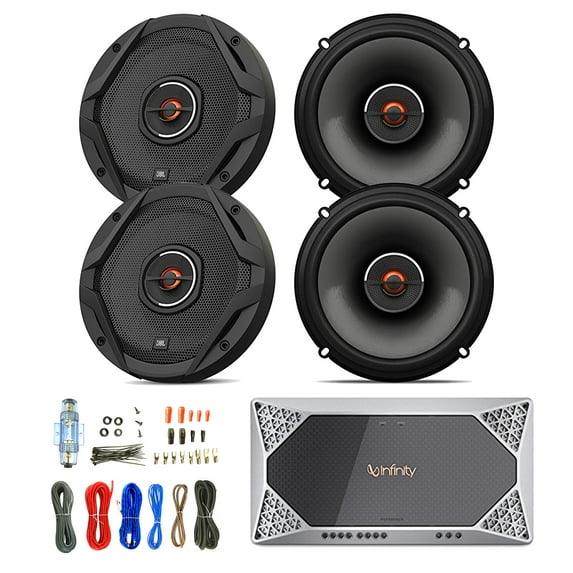 4x JBL 6.5" 2-Way GX Series Coaxial Speakers - Bulk Packaging, with Infinity Reference Series REF-704A 4-Channel Car Audio Amplifier, Enrock Amp Install Kit