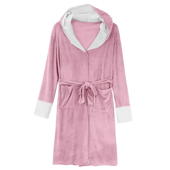 uublik Spa Robe Women Flannel Robes Casual Long Sleeves Robes Winter Woman Bathrobe Nightwear Pink