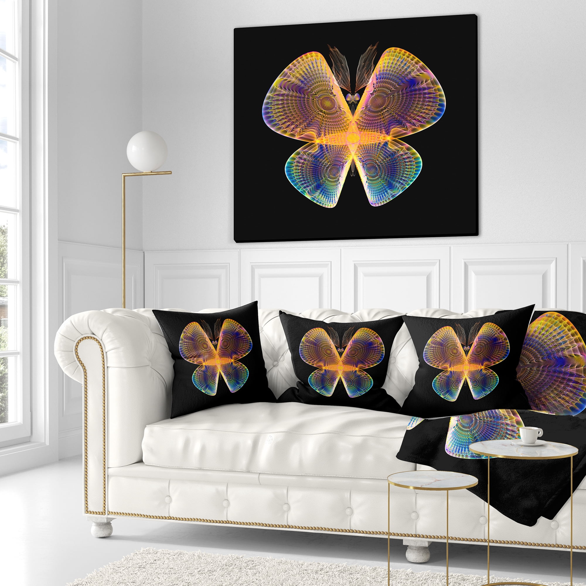 Designart Blue Yellow Fractal Butterfly in Dark - Abstract Throw Pillow - 16x16