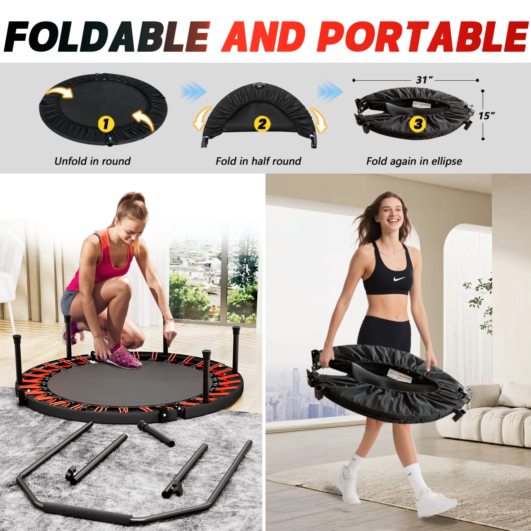 40in Rebounder Trampoline for Adults, SHINPT Fitness Trampoline with Handle, 40" Gym Equipment for Home, Exercise Trampoline for Adults Indoor, Outdoor Foldable Trampoline for Yard, Basement, Lawn