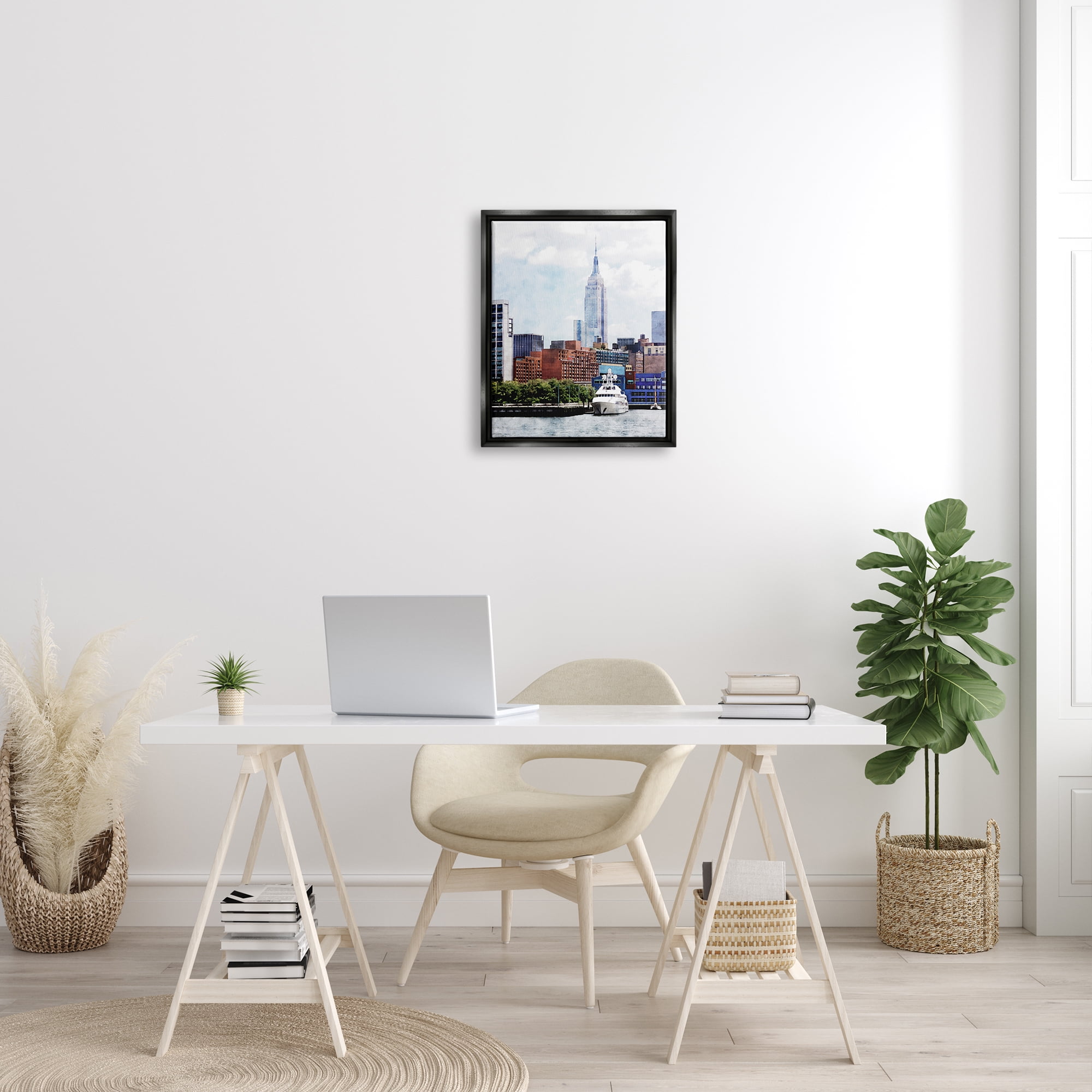 Stupell Industries New York Pier Metropolis Skyline Town & City Painting Black Floater Framed Art Print Wall Art