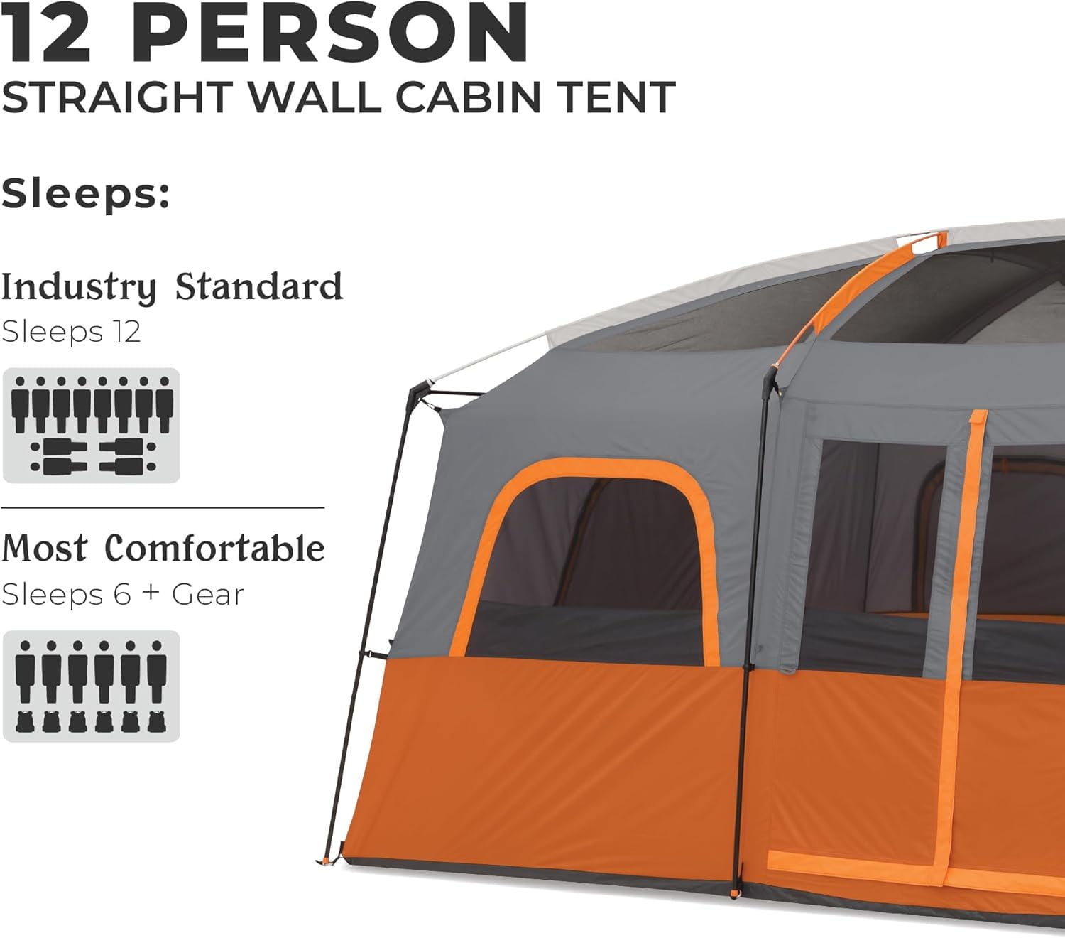 CORE 16' x 11' 12 Person Straight Wall Cabin Camping Tent, 49lbs