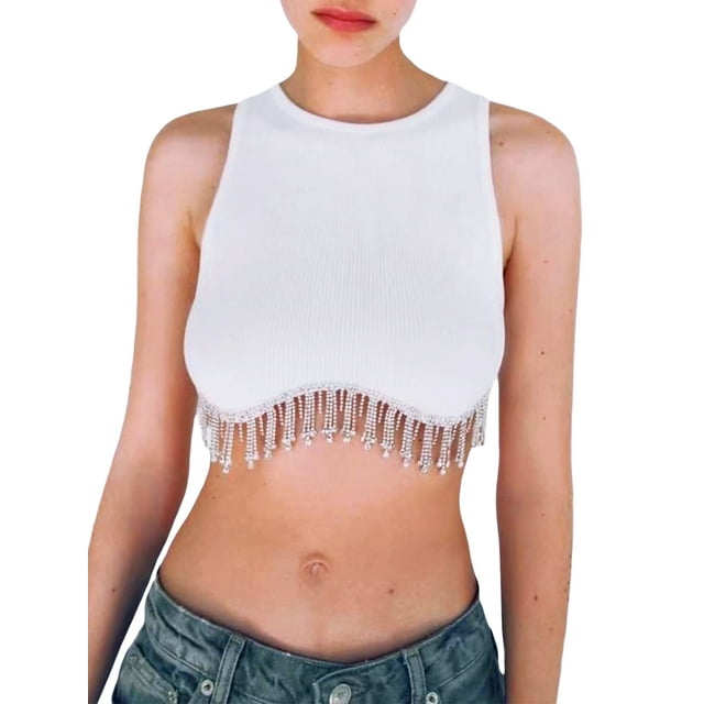 TRKIYQC, camisetas sin mangas para mujer, acanaladas, sin mangas, cuello redondo, borla de diamantes de imitación, diseño de dobladillo, ropa de calle de verano, camisetas sin mangas TRKIYQC moda