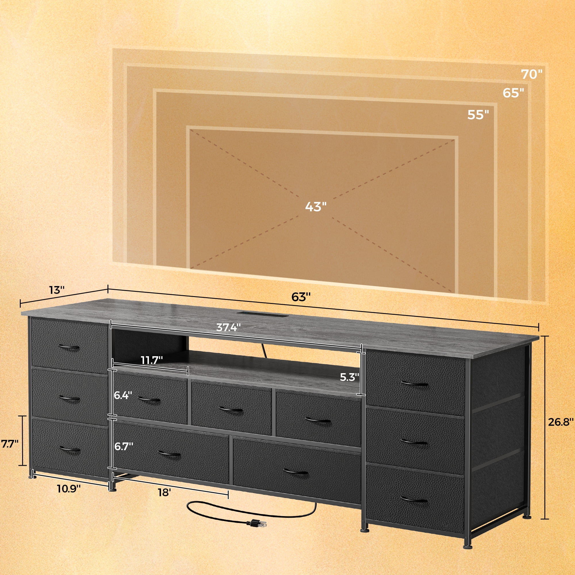 Amadwell Large TV Stand for 65, 70 Inch TVs, 11 Drawer Long Dresser with Power Outlets & LED Lights, 63 inch Entertainment Center