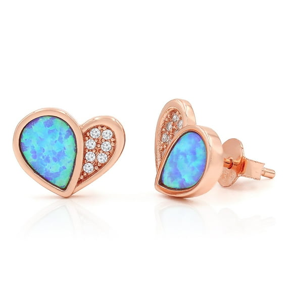 925 Sterling Silver Rose Gold Plated Blue Fire Opal Heart Stud Earrings, Giorgio Bergamo