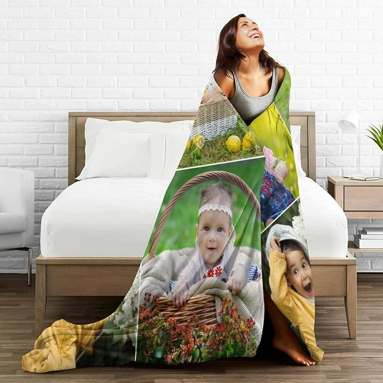 Personalized Photo & Text Flannel Blanket - Custom Picture Throw Blanket Gift For Family, Christmas, Birthday