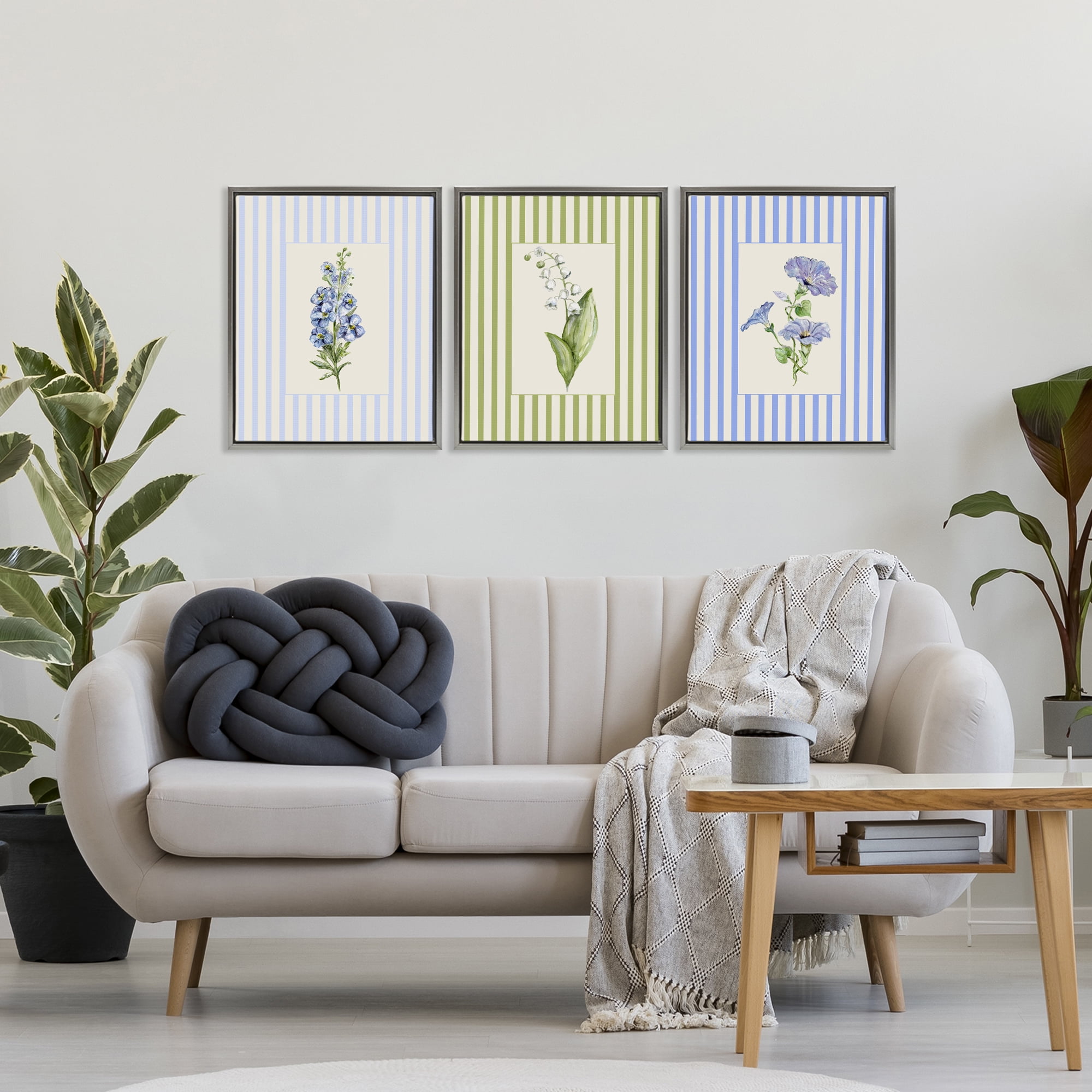Soft Stripe Cottage Blooms 3 Piece Gray Framed Floater Canvas Set, design by Lisa Wehmeyer